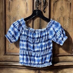 NWOT Zara Girls Kids Blue Tie-Dye cropped Puff Sleeve Top 10/12 13/14